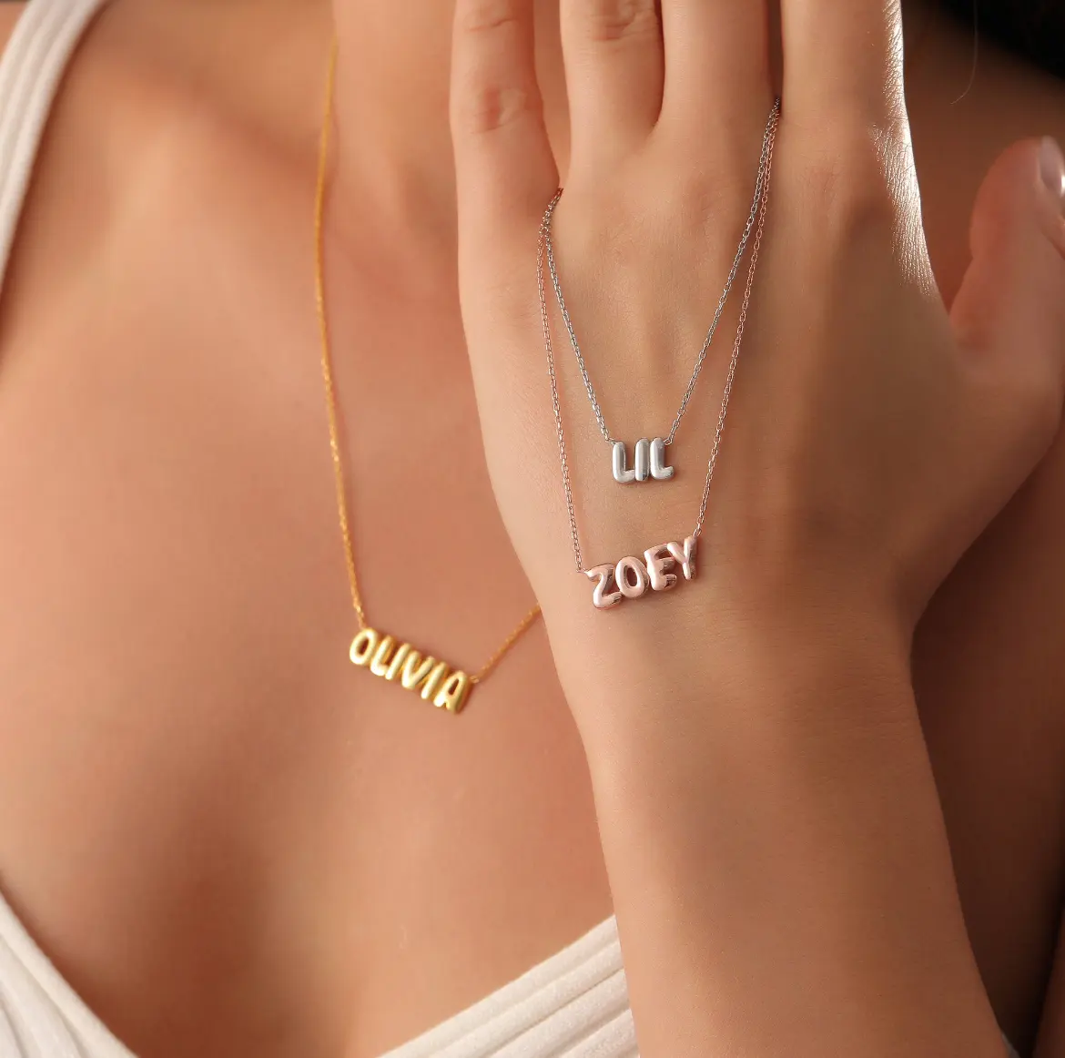 QIUHAN Personalized 3D Balloon Puff Letter Necklace S925 Silver Custom Bubble Name Necklace