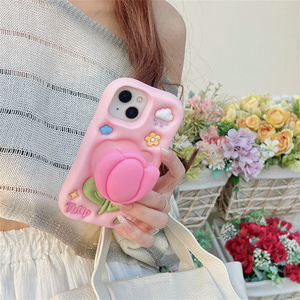 เคสโทรศัพท์มือถือซิลิโคนรูปดอกไม้น่ารัก พร้อมขาตั้งแบบยืดหดได้ สำหรับ iPhone 17 16 15 14 13 Pro Max ลายดอกทิวลิป ฝาหลังลายเมฆยาง - Product Image 6