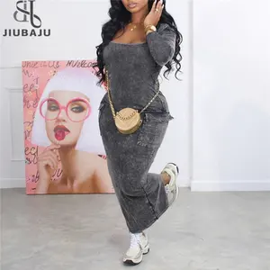 Women Elegant Dark Gray Maxi Dress 2023 Autumn Sexy Pockets Long Sleeve Spilt Bodycon XS Dress