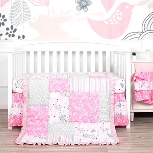 गुलाबी florals बिस्तर सेट नर्सिंग बिस्तर स्कर्ट लड़कियों के लिए खाट बच्चे पालना बिस्तर सेट