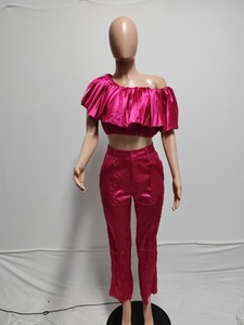 Women's Pleated Ruffled Short-Sleeve <b>Top</b> and Long Pants Satin Solid Color 2-Piece Set Fashion - Product Image 5