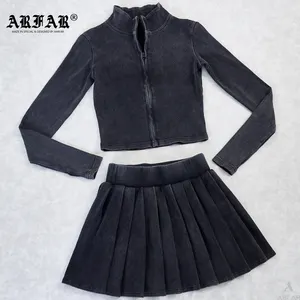 Spring Summer Women Jacket Pleated Skirt Set Vintage Ribbed Cotton Zip Up Jackets 2 Piece Set For Girls Clothes