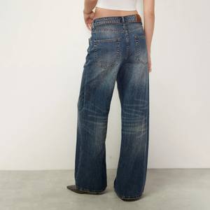 时尚渐变色水洗牛仔裤女式低腰抽绳腰部宽松阔腿牛仔裤 Y2K 街头服饰 - Product Image 3