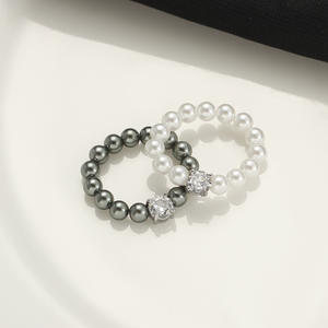 Sweet Four Claw Cube Sugar Zircon 4MM Elastic Finger Rings for Women <strong>Black</strong> White Artificial <strong>Pearl</strong> Beaded Rings - Product Image 3