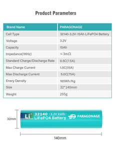 Paragonage 3.2V Cylindrical silindirik LiFePO4 lityum iyon batarya 32140 5C deşarj 2000 + döngüleri - Product Image 2