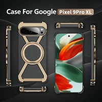 Pour Google Pixel 9 Pro XL étui pare-chocs en métal sans cadre béquille 360 ° rotation aimant sans bordure antichoc téléphone couverture arrière or