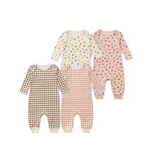 Sıcak satış örme uzun kollu nervürlü zarf yaka bebek Bodysuit organik pamuk yeni doğan bebek giysileri pijama bebek Romper
