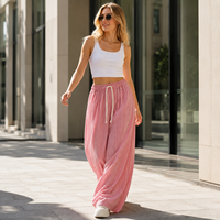 Pantalon large pour femme avec logo personnalisé, tissu rayé froissé, taille élastique avec cordon de serrage, décontracté et confortable pour les voyages