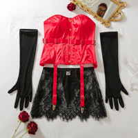 Nouveau Corset Bustier en Satin à Col Cœur avec Bretelles en Dentelle et Mini-Jupe en Maille