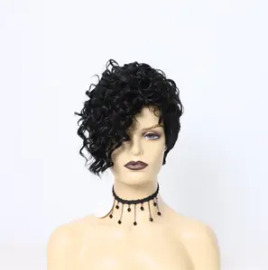 AiShiLi लघु पिक्सी कटौती wigs गर्मी प्रतिरोधी सिंथेटिक फाइबर प्राकृतिक लहर काले सिंथेटिक बाल wigs काले महिलाओं के लिए