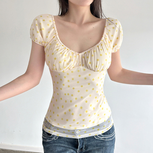 เสื้อยืดตาข่ายลายจุดสำหรับผู้หญิงแขนสั้นทรงสลิมฟิตน้ำหนักเบาเสื้อฤดูร้อนหวานลำลอง - Product Image 5