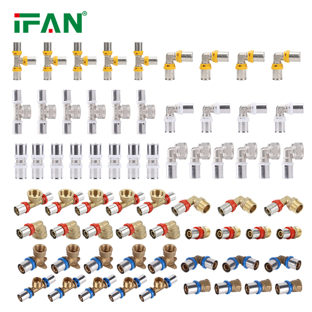 IFAN DIN Red Blue White Yellow PEX Pipe Fittings PN25 FM Socket Tee Elbow 20-63MM Brass PEX Press Fittings for Gas Water Supply