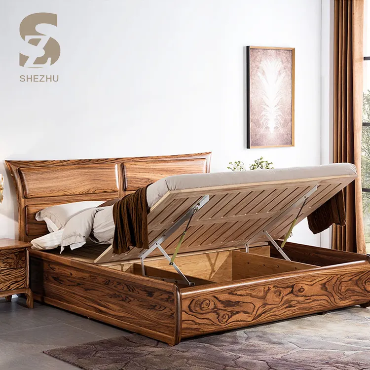 חדר שינה ריהוט זברה עץ מיטת עם אחסון כפול להרים מיטת עיצוב ביער מלכת בית מודרני אחת מוצק עץ מיטת