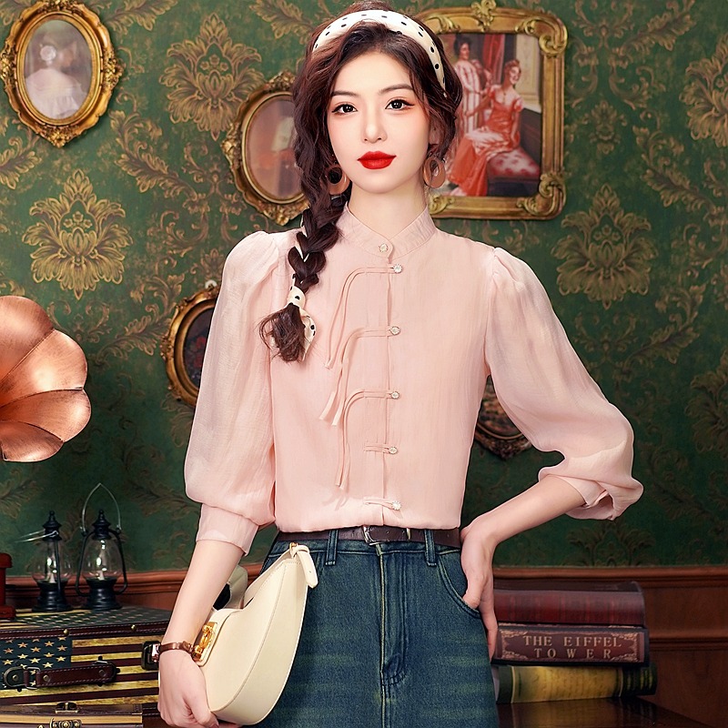 Shop Our New Chinese Style Shirt Women's Pink Pan Button Design