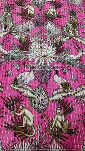 Couverture Kantha en coton imprimée d'animaux et d'oiseaux de style bohème rose, décoration d'intérieur, faite à la main, pour toutes les saisons - Product Image 6