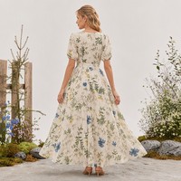 Gaun Maxi Wanita Viscose 120G Grosir, Model A-Line, Lengan Puff Mengembang, Motif Bunga Liar Alpine, Gaya Romantis Bavaria, Pinggang Alami, Bermotif Bunga