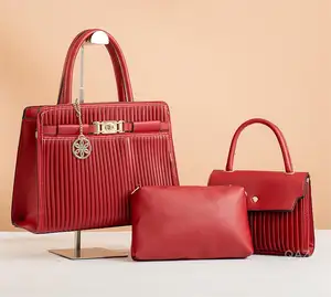 佳丽QAZA新设计师经典垂直条纹压花女包最新大容量3件套钱包手袋