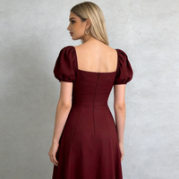 Robes pour femmes, style midi, décontractées, élégantes, pour les fêtes, les rendez-vous, le quotidien, en tissu tissé, coupe ajustée, col carré, manches bouffantes, détail de nœud, couleur bordeaux