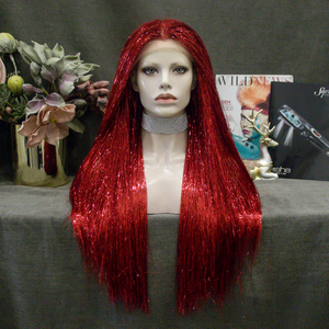Parrucca Full Tinsel con pizzo frontale, con parte libera, ad alta densità, in fibra tinsel colorata (Argento/Rosso/Viola/Nero/Colorato), per Drag Queen - Product Image 6