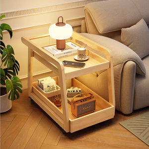 Chariot de ménage en <span class=keywords><strong>bois</strong></span> massif, petite <span class=keywords><strong>table</strong></span> basse et <span class=keywords><strong>table</strong></span> d'appoint mobile avec étagère de rangement pour salon, utilisation au canapé - Product Image 6