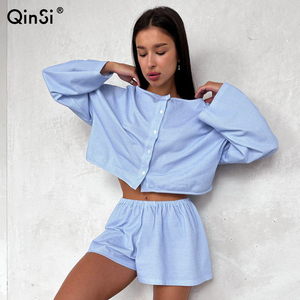 QINSI Custom Pajamas <strong>Crop</strong> Top Shorts Pajamas Two Piece Homewear Button up Plaid Women's Sleepwear Spring Pjs Loungewear - Product Image 1