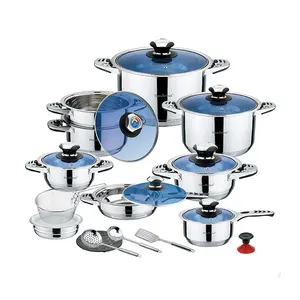 德国热卖21PCS厨具不锈钢炊具套装烹饪工具锅套装蓝色玻璃盖