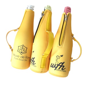 Custom Neoprene Zip-Up Wine Cooler Bags with Striped Pattern Insulation Sleeves & Leather Handle for Beer & Champagne <b>Bottle</b> - Product Image 4