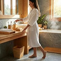 Ensemble de décoration de salle de bain 5 pièces en bambou avec poubelle, porte-savon, distributeur de savon, porte-brosse à dents et plateau