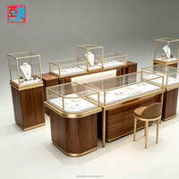 Comptoir de présentation de bijoux en verre avec cadre doré en bois de noyer personnalisé et éclairage LED pour magasin, ensemble complet pour l'aménagement de boutique