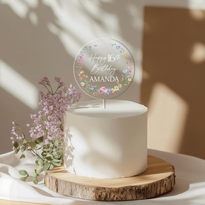 ท็อปเปอร์เค้กอะคริลิคใสลายดอกไม้พิมพ์ UV ขนาด 9 ซม. สำหรับตกแต่งเค้กวันเกิด รูปทรงกลม ลายฮันนี่แอนด์สวีทเนส - Product Image 3