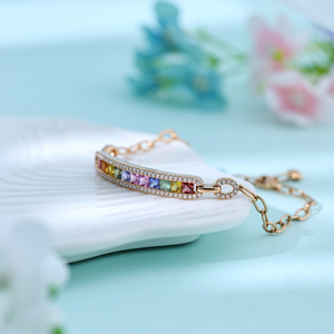 Pulseras de lujo personalizadas de alta calidad en oro sólido de 18K con zafiros de corte princesa coloridos y cadena de eslabones para regalo de cumpleaños. - Product Image 4