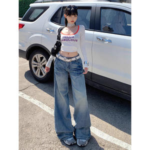 2025 Spring Autumn New All-Match Women's Retro American Low-Waisted Flared Jeans Loose Floor-Length Straight Flared Trousers - Product Image 1
