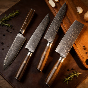 Ensemble de couteaux de cuisine en acier Damas à 67 couches, couteau de chef Kiritsuke Santoku <span class=keywords><strong>Nairi</strong></span>, couteau à steak, couteau utilitaire, accents en bois d'olivier - Product Image 5