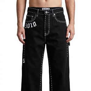 Pantalones de Mezclilla Negros Holgados y Rectos para Hombre, Estilo Urbano, 100% Algodón, Antiencogimiento, Cintura Alta, Contraste Blanco Intenso, 2 SPI - Product Image 1
