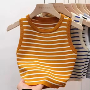 Chaleco de Verano para Mujer, Cuello Redondo, Sin Mangas, a Rayas, Color Sólido, Ajustado, Tejido, Informal, para Uso Diario, Combinable con Todo - Product Image 4