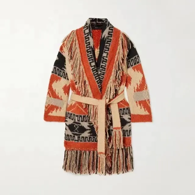 Custom Fashion Slim Jacquard Knitted Cardigan Woolen Blend Long Sleeved Coat Mid-length Sweater Cardigan