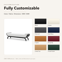 Banc rembourré moderne noir avec base en bois massif courbé, tissu tissé blanc cassé, pour hall d'hôtel, bout de lit, assise commerciale