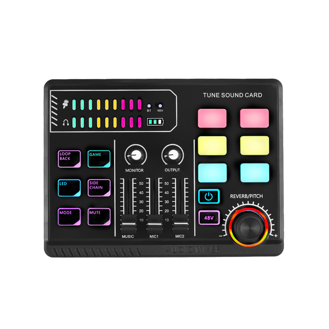 Gaming Audio Mixer 48V Phantom Power Audio Interface RGB Light BT Plug and Play Desktop Singing Sound Card Mixer for Live Stream