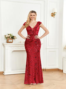 LY2123 gaun malam elegan wanita, gaun pesta Prom Formal panjang tanpa lengan kerah V payet putri duyung - Product Image 5