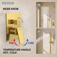 Système de douche encastré carré en laiton doré brossé à 2 fonctions, ensemble de douche pluie pour projets d'aménagement de salles de bain d'hôtels