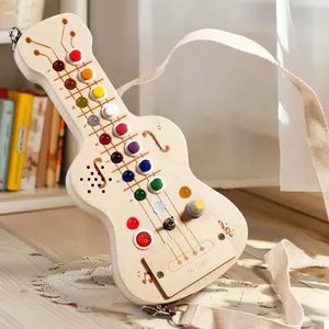 New Montessori Educational Wooden Sound And Light Guitar Toys LED Light Switch Busy Board Educational Toy For Kids