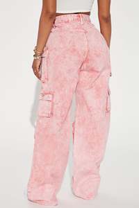 Moda mujer rosa suelto Ajuste de cintura alta pantalones <span class=keywords><strong>Cargo</strong></span> OEM logotipo personalizado Multi <span class=keywords><strong>Cargo</strong></span> bolsillos Denim <span class=keywords><strong>Jeans</strong></span> - Product Image 2