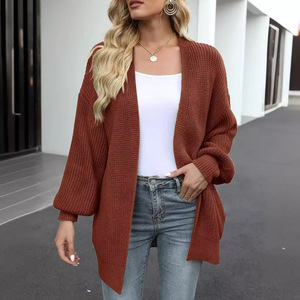 Women's Lantern Sleeve Chunky Knit Cardigan V Neck Loose Solid Color Sweater Coat Autumn Winter Fashion Outerwear - Product Image 2