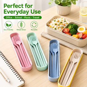 Ensemble de couverts portables en paille de blé, écologiques, réutilisables, cuillère, fourchette, baguettes, vaisselle de voyage avec étui, sans BPA - Product Image 1