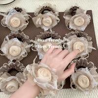 Élastique à cheveux en organza rose, style coréen, avec fleur en dentelle, fait main, grande taille, pour queue de cheval