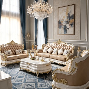 Ensemble de canapés en cuir véritable de luxe européen, 3 places, <span class=keywords><strong>2</strong></span> places, fauteuil, cadre en bois sculpté doré, salon, style classique palais - Product Image 2
