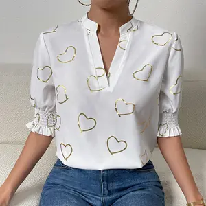 미국 프린트 셔츠 여성용 여름 우아한 캐주얼 통근 V-넥 반소매 여성용 탑
