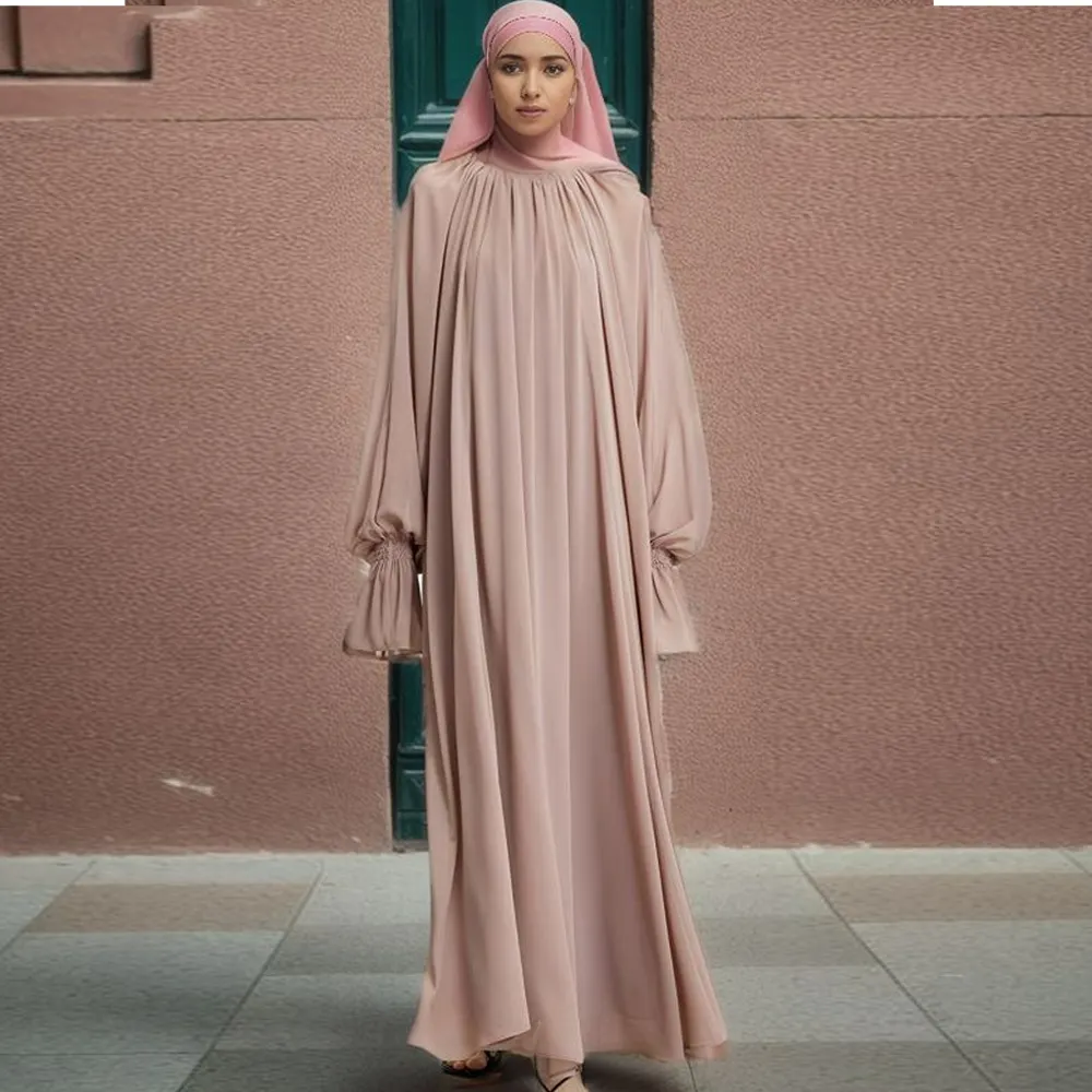 Ropa islámica tradicional Vestido de manga acampanada de gasa doble Oriente Medio Dubai Musulmán Suelto Túnica de cuello redondo de gran tamaño