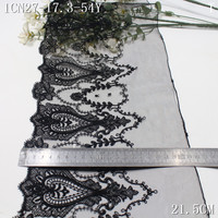 Dentelle brodée florale noire de luxe, 21 cm, en tulle doux, pour la décoration de robes Abaya haut de gamme pour femmes