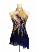 Robe de patinage artistique bleu marine et or, dos large ouvert, ornée de strass, pour la compétition et la performance